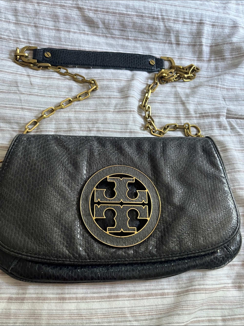 Tory Burch Black Leather Shoulder Bag with Gold Logo Chain with dust cover bag